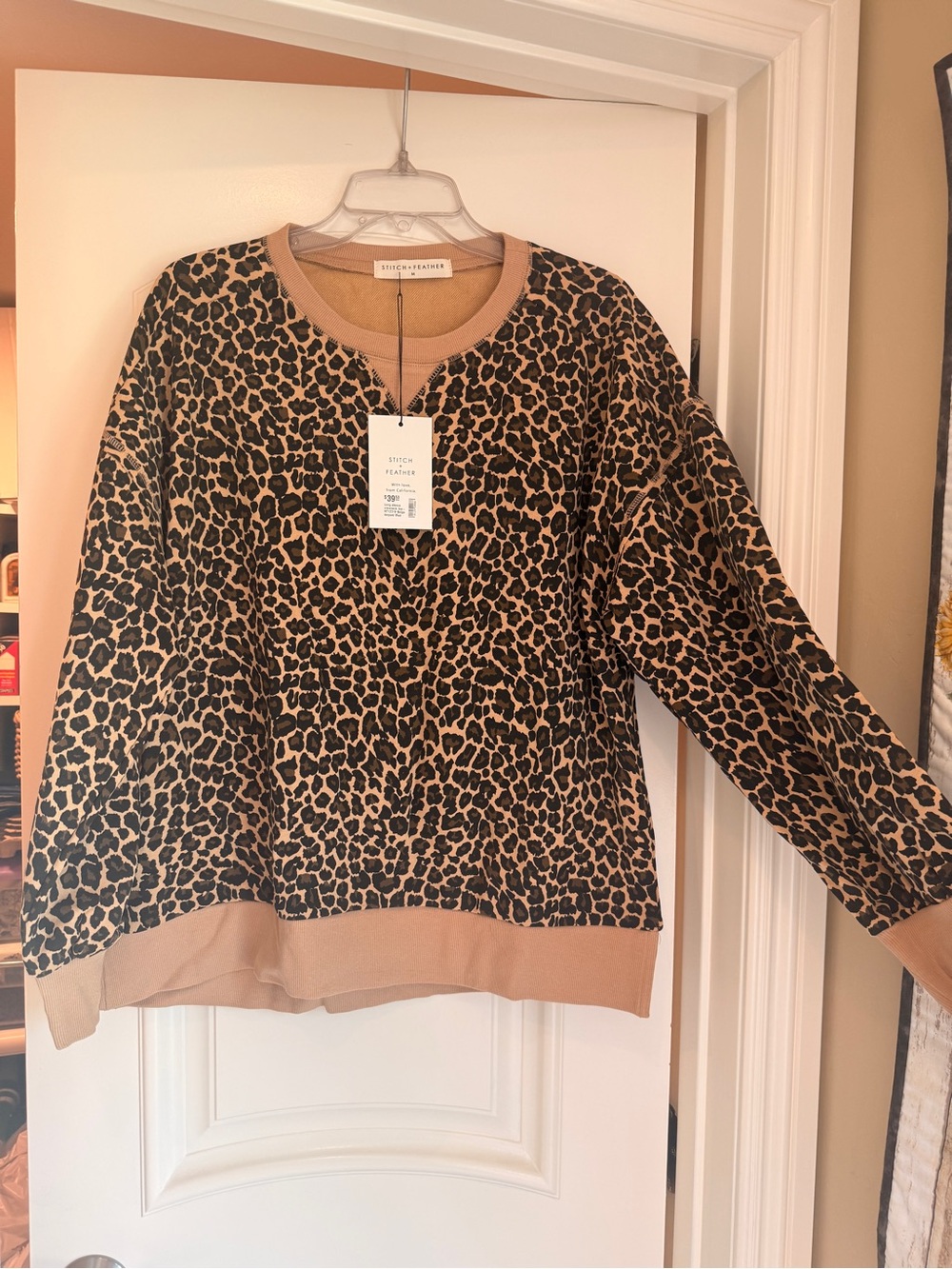 NWT Stitch & Feather Leopard Print Crewneck Sweater